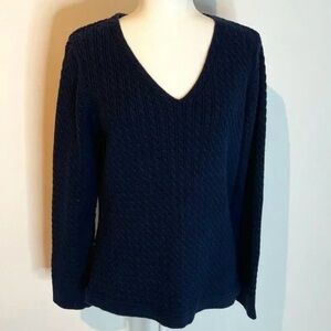 Vintage Talbots Women Navy Cable Knit Cotton V Neck Sweater Sz M Preppy Office